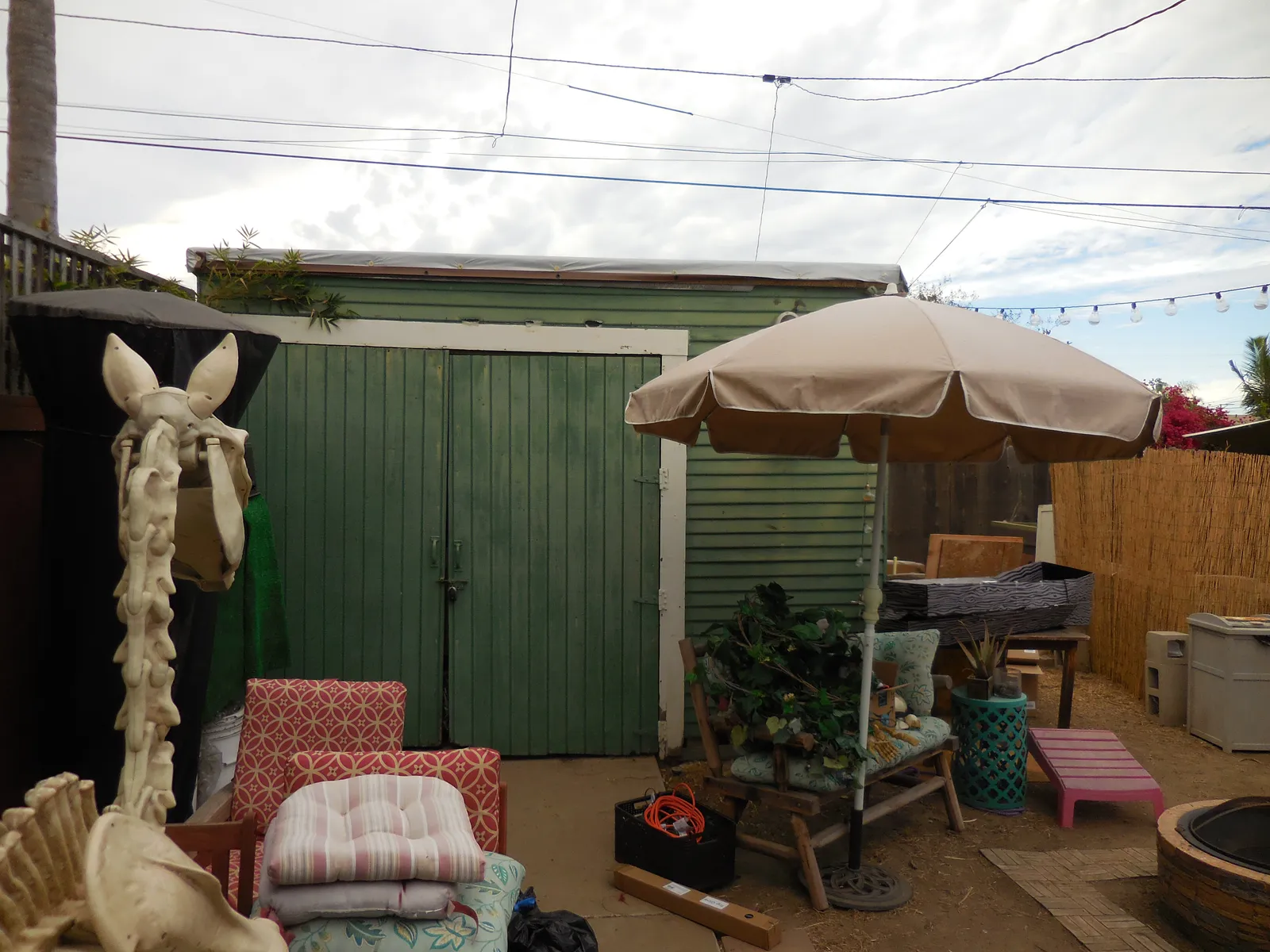 Cluttered backyard with a weathered green garage shed, patio umbrella, and assorted outdoor furniture.